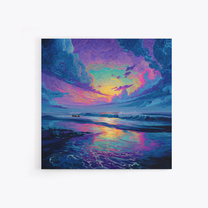 Psychedelic Ocean Sunset Waves Colorful Wall Art Print, Abstract Seascape Painting, Modern Coastal Home Decor Wall Art