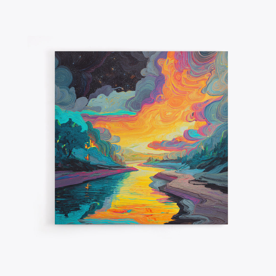 Psychedelic River Sunset Wall Art, Colorful Abstract Landscape Painting, Modern Boho Home Decor, Living Room Canvas Print