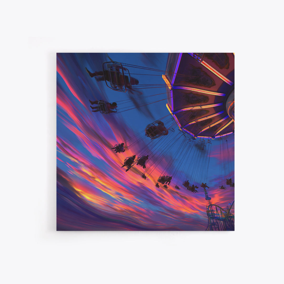 Dynamic Amusement Park Swing Ride Sunset Scene Vibrant Abstract Wall Art Framed Canvas Print For Living Room