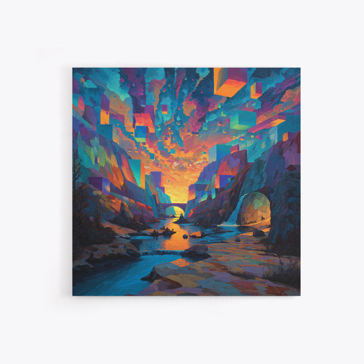 Surreal Canyon With Floating Cubes Canvas Print, Colorful Abstract Landscape Wall Art, Fantasy Home Decor, Modern Art Gift