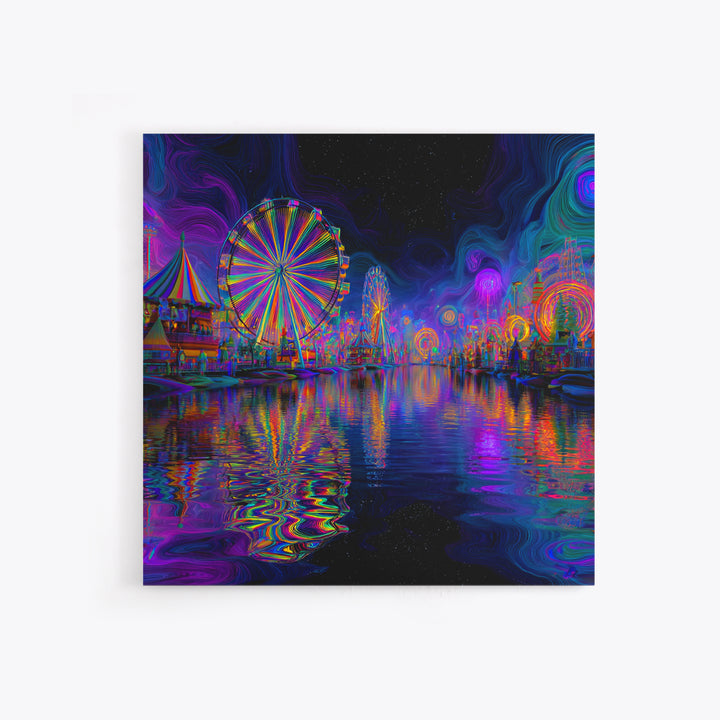 Neon Carnival At Night Abstract Wall Art, Psychedelic Ferris Wheel Canvas Print, Colorful Dopamine Decor Gaming Room Art