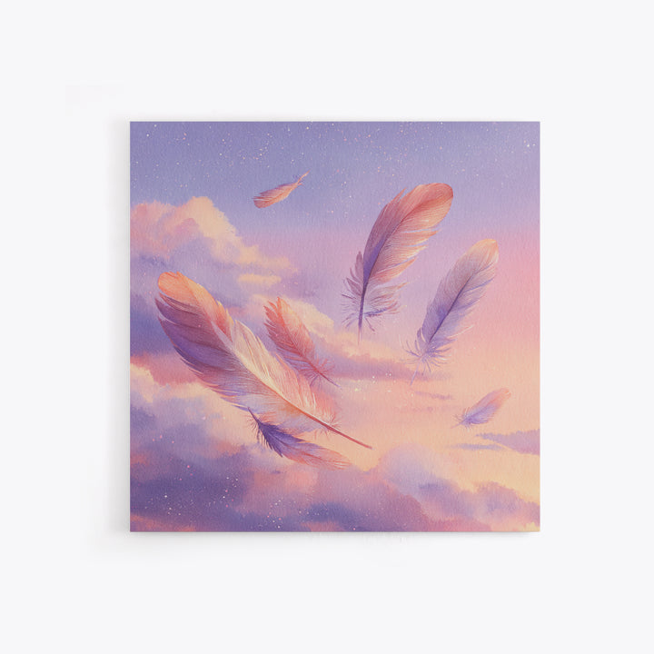 Floating Pink Feathers Wall Art, Dreamy Celestial Canvas Print, Pastel Cloud Decor, Whimsical Nursery Bedroom Gift For Her