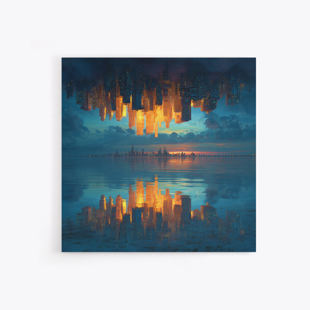 Upside Down Skyline Reflected On Water Wall Art, Surreal Cityscape Canvas Print, Modern Urban Decor For Living Room And Office