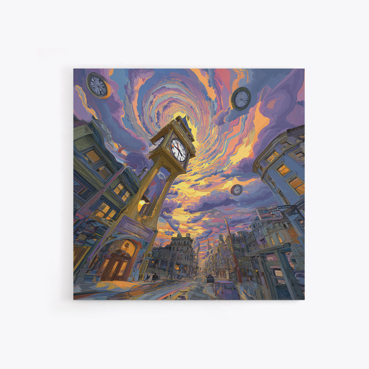 Surreal Cityscape With Clock Tower And Swirling Sky At Sunset Wall Art Framed Canvas Print For Home Decor