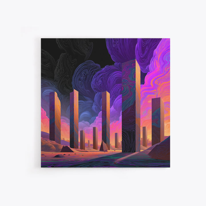 Neon Desert Monoliths Under Purple Sky Canvas Print, Futuristic Landscape Wall Art, Sci Fi Abstract Decor For Modern Home