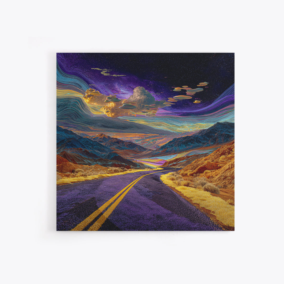 Cosmic Desert Highway Under Swirling Galaxy Sky Wall Art, Surreal Colorful Landscape Canvas Print, Modern Decor