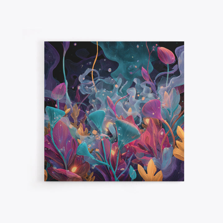 Glowing Alien Garden With Teal And Magenta Flowers Canvas Print, Psychedelic Botanical Wall Art, Whimsical Room Decor Gift