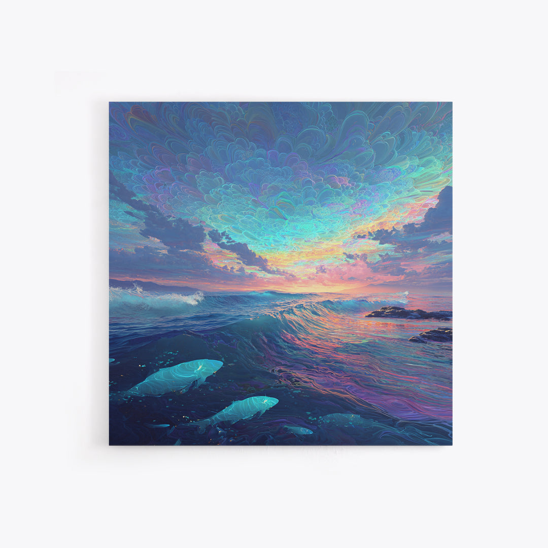 Dreamy Ocean Wave Sunset Wall Art Canvas Print, Colorful Seascape Painting, Modern Coastal Decor, Beach House Wall Art
