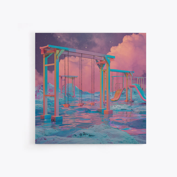 Surreal Neon Playground Landscape Wall Art, Dreamy Fantasy Seascape Canvas Print, Modern Home Decor, Statement Artwork