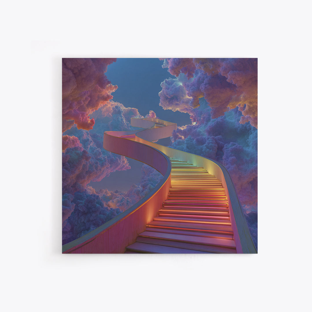 Rainbow Stairway Through Clouds Surreal Fantasy Wall Art, Dreamy Colorful Sky Canvas Print Home Decor