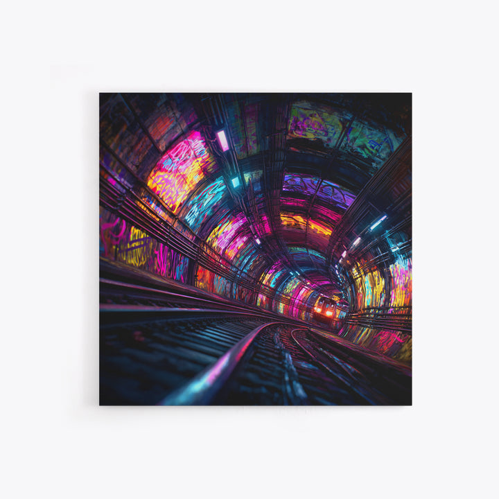 Neon Tunnel Cityscape Wall Art, Futuristic Subway Graffiti Canvas Print, Vibrant Urban Gaming Room Decor