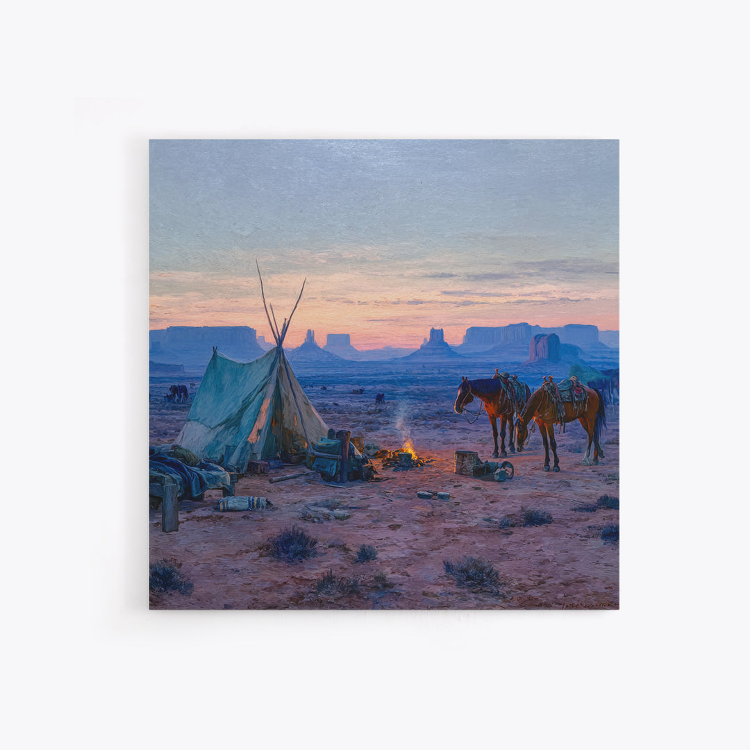 Western Desert Campfire Wall Art, Cowboy Landscape Canvas Print, Rustic Country Western Art For Farmhouse Home Decor