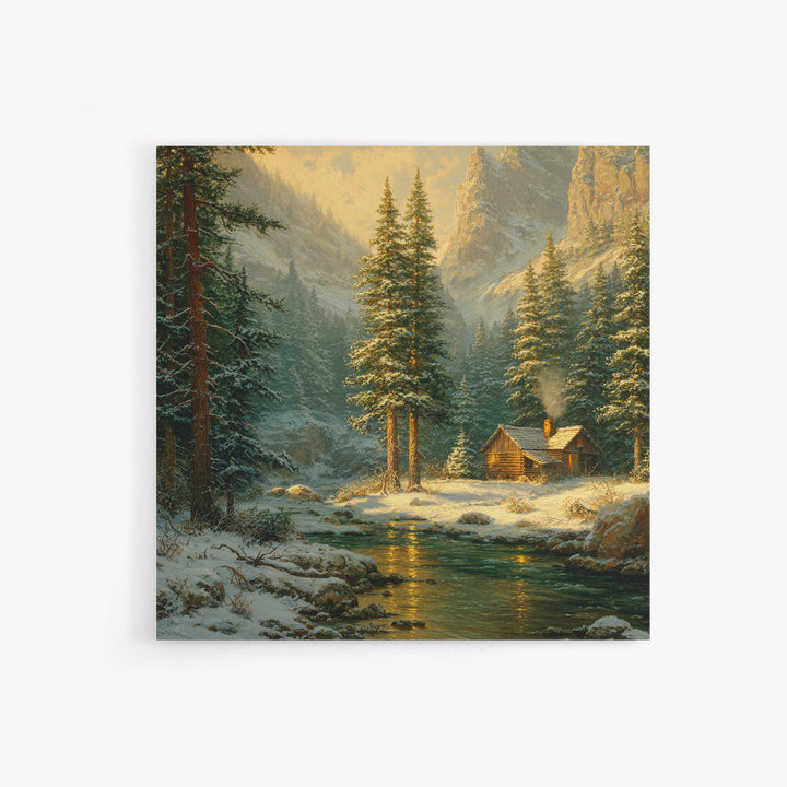 Cozy Winter Cabin By River Landscape Wall Art, Snowy Mountain Sunset Canvas Print, Rustic Farmhouse Decor Living Room Art