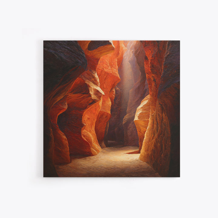 Sunlit Slot Canyon Textured Wall Art, Dramatic Red Rock Landscape Canvas Print, Vertical Desert Painting For Entryway Or Living Room Decor