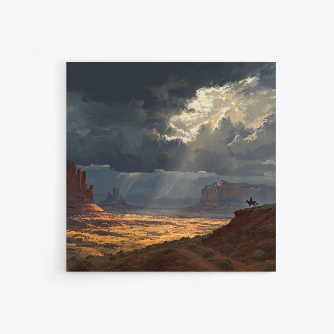 Cowboy In Desert Canyon Landscape Painting Wall Art, Western Sunset Print, Modern Southwest Home Decor For Living Room