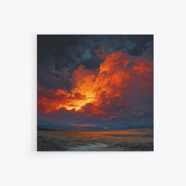 Dramatic Sunset Storm Cloud Landscape Wall Art, Fiery Sky Canvas Print, Modern Living Room Statement Artwork