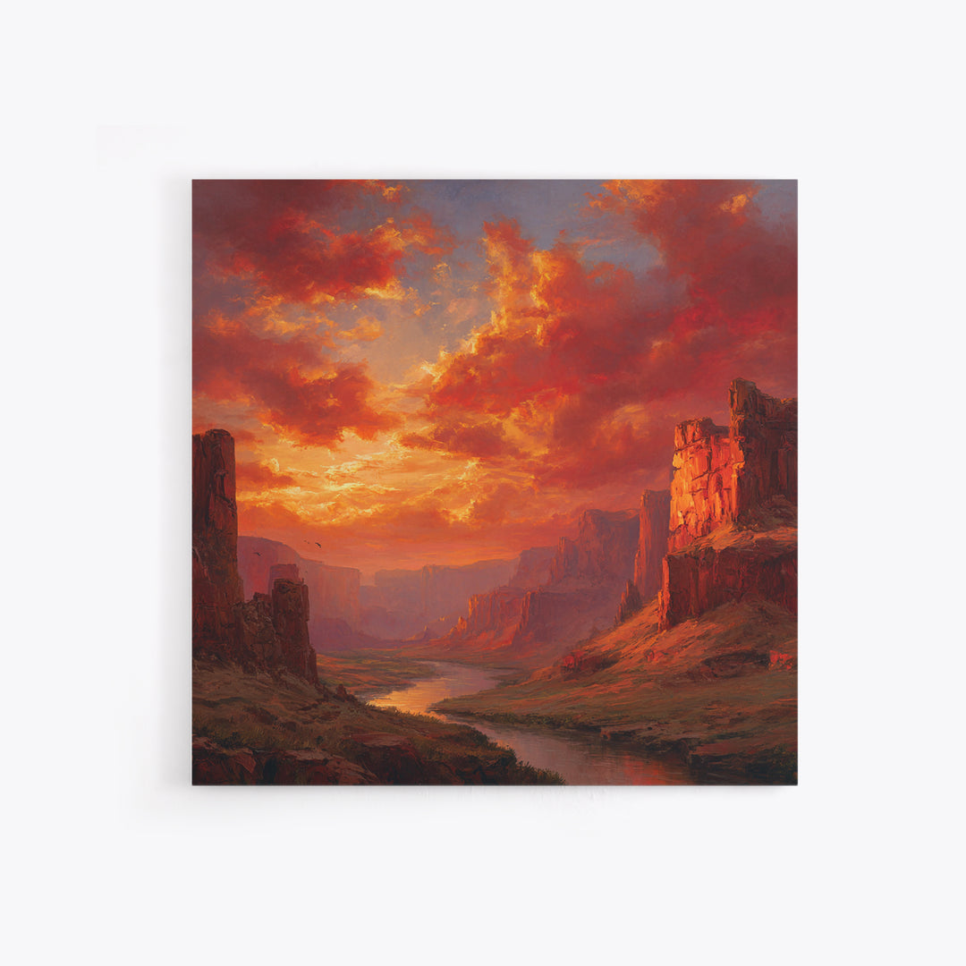 Majestic Canyon River Landscape At Sunset Wall Art Oil Painting Framed Canvas Print Rustic Home Decor