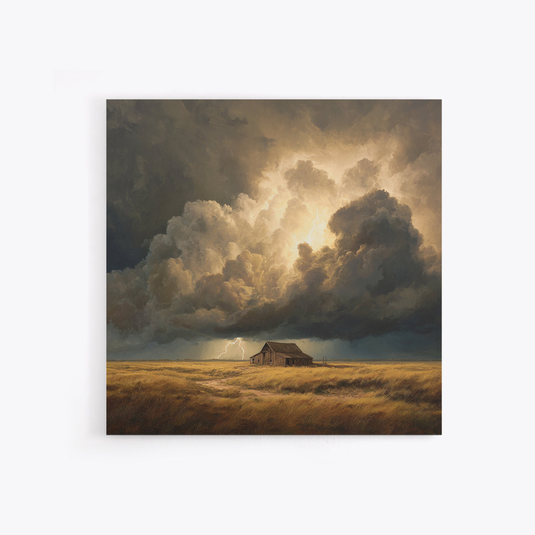 Stormy Sky Over Rustic Barn Landscape Painting Wall Art, Dramatic Lightning Cloud Print, Country Farmhouse Rustic Decor