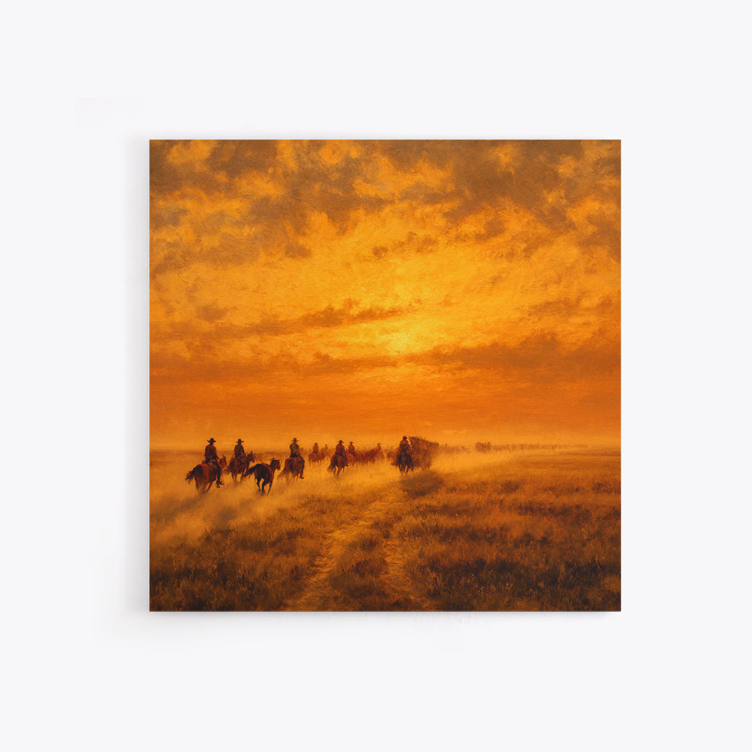 Western Cowboy Cattle Drive At Sunset Wall Art, Desert Landscape Print, Rustic Home Decor, Living Room Wall Art Canvas Print