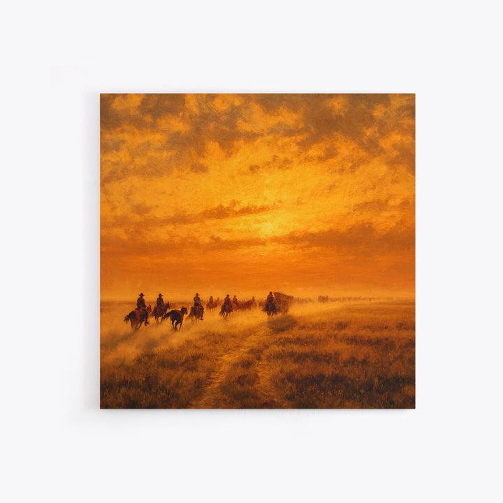 Western Cowboy Cattle Drive At Sunset Wall Art, Desert Landscape Print, Rustic Home Decor, Living Room Wall Art Canvas Print