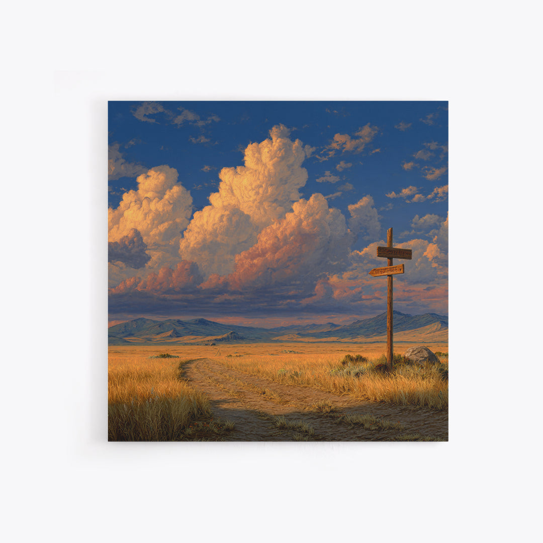 Golden Prairie Road At Crossroads Landscape Wall Art For Rustic Home Decor, Western Country Living Room Canvas Print