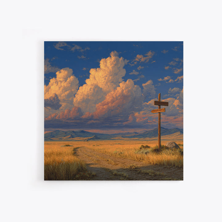 Golden Prairie Road At Crossroads Landscape Wall Art For Rustic Home Decor, Western Country Living Room Canvas Print