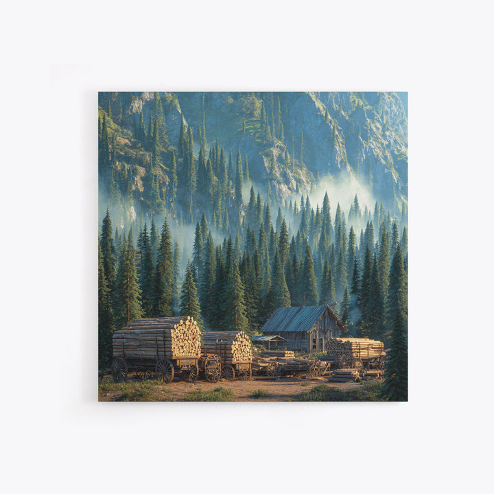 Cozy Cabin In Misty Pine Forest Wall Art, Rustic Mountain Landscape Canvas Print, Farmhouse Country Home Decor
