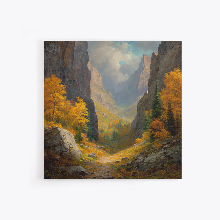 Golden Autumn Mountain Valley Path Landscape Wall Art, Cozy Fall Forest Canyon Living Room Canvas Print