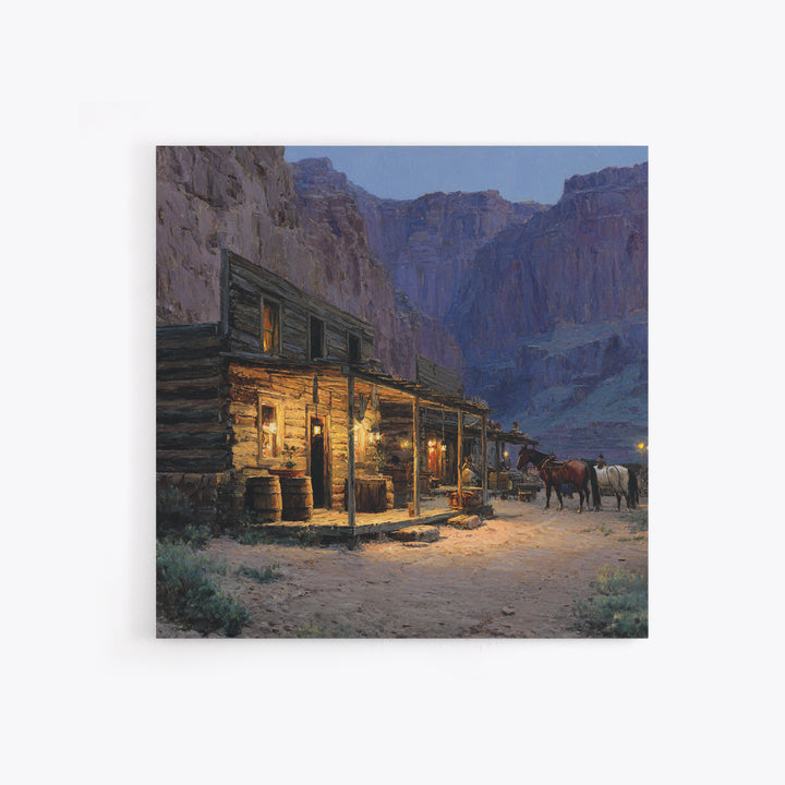 Cozy Old Western Cabin At Dusk Wall Art, Rustic Farmhouse Landscape Print, Country Home Decor, Living Room Rustic Canvas Print