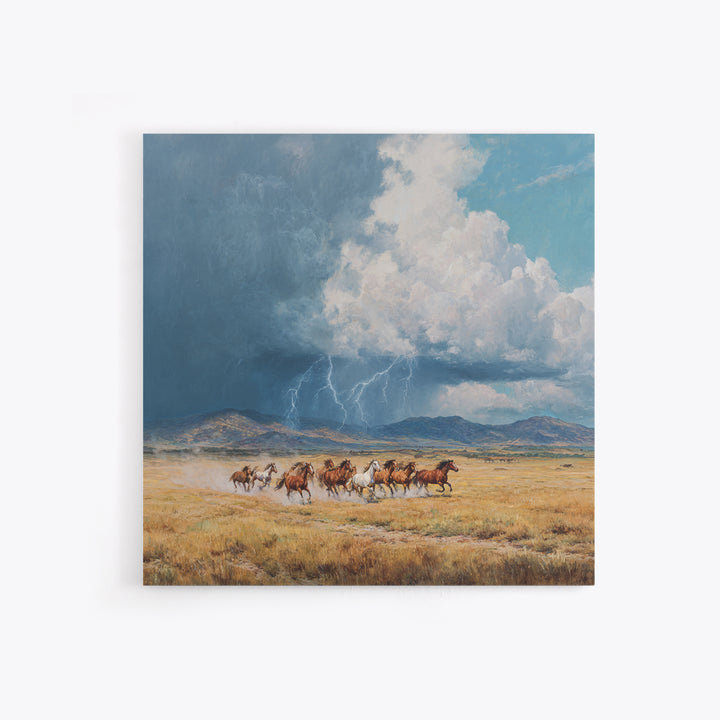 Wild Horses Running Under Stormy Sky Landscape Wall Art Canvas Print Western Country Decor Large Landscape Painting