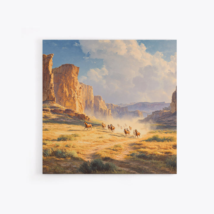 Wild Mustangs Running Through Desert Canyon Landscape Wall Art Western Country Home Decor Large Modern Landscape Print