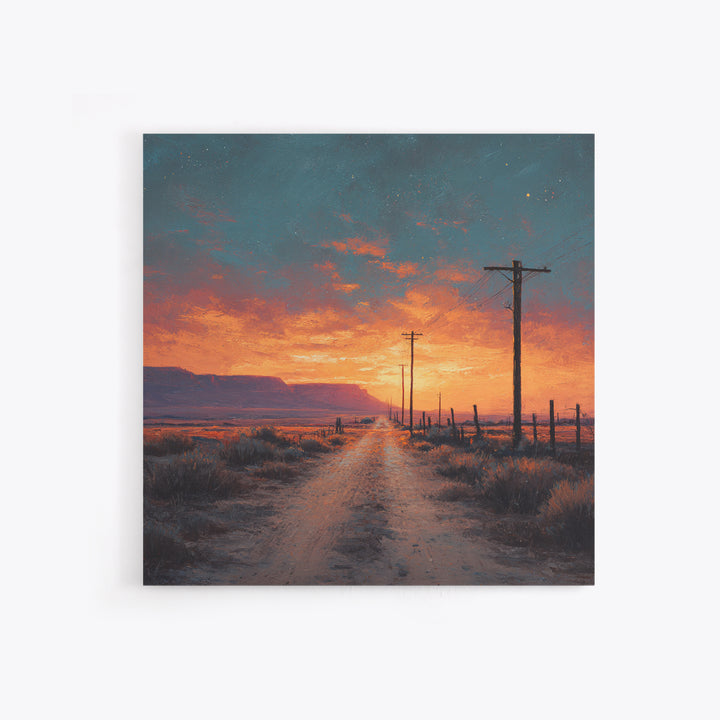 Country Dirt Road Sunset Landscape Wall Art, Warm Rustic Western Painting, Farmhouse Home Decor Large Framed Canvas Print