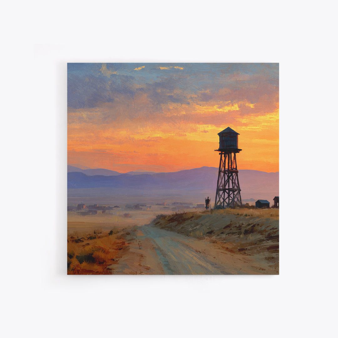 Western Sunset Water Tower Landscape Wall Art, Cowboy Desert Road Canvas Print, Rustic Country Home Decor For Living Room Or Office