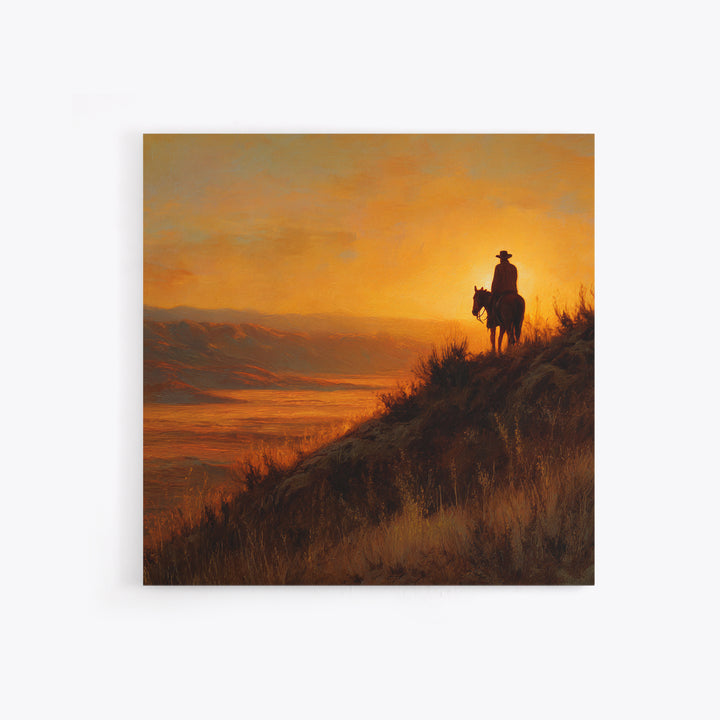 Western Cowboy Sunset Hill Painting Wall Art, Rustic Horse Rider Canvas Print, Warm Desert Landscape Home Decor
