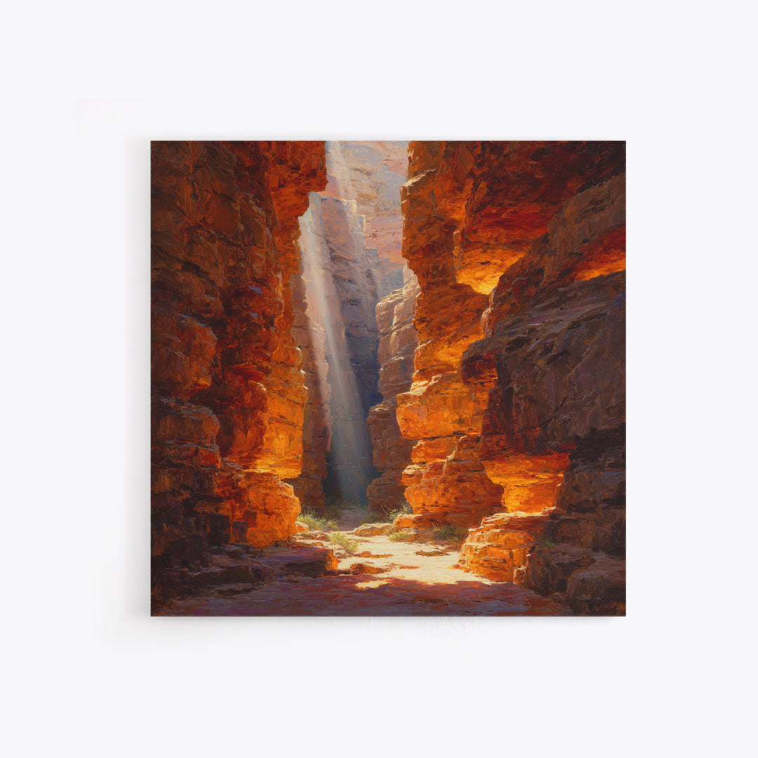 Golden Canyon Sun Rays Desert Landscape Wall Art Print, Southwestern Rustic Decor, Warm Nature Painting Living Room Art