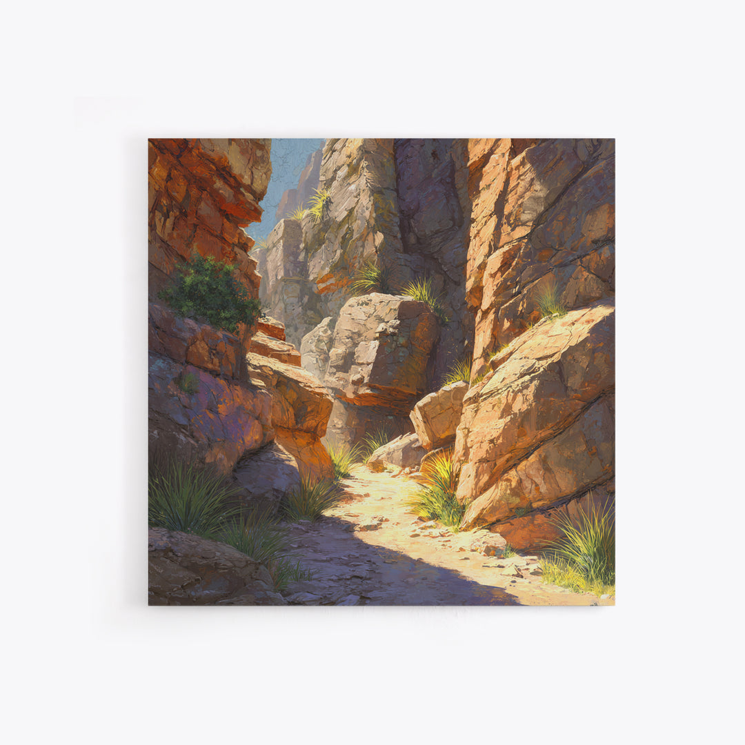 Sunlit Desert Canyon Trail Landscape Wall Art, Warm Southwest Rocks And Sage Green Nature Canvas Print