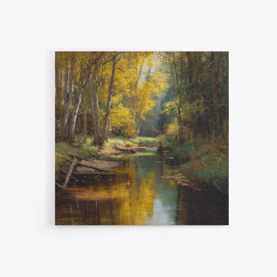 Golden Forest Creek Wall Art, Autumn Landscape Canvas Print, Rustic Nature Painting For Cozy Living Room Decor