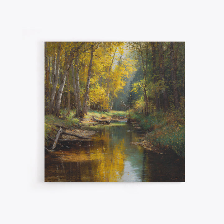 Golden Forest Creek Wall Art, Autumn Landscape Canvas Print, Rustic Nature Painting For Cozy Living Room Decor
