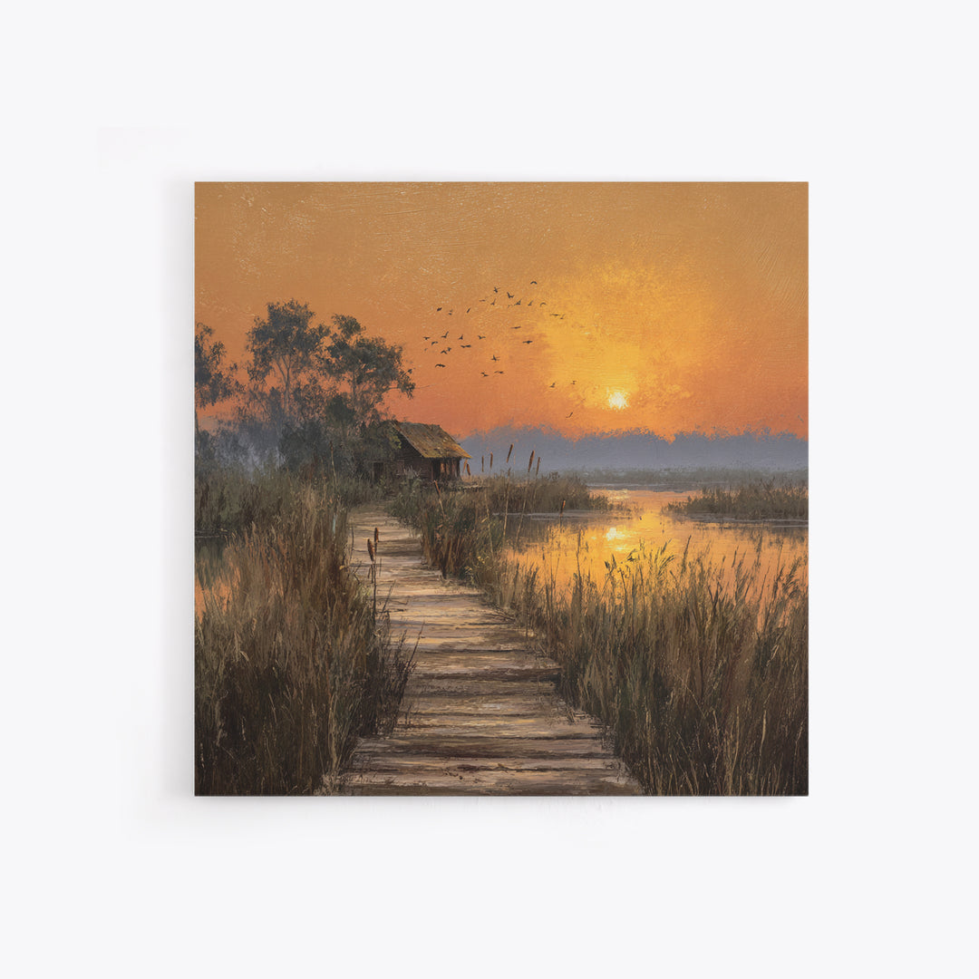 Peaceful Sunset Over Lakeside Cabin And Boardwalk Nature Landscape Wall Art Framed Canvas Print For Living Room