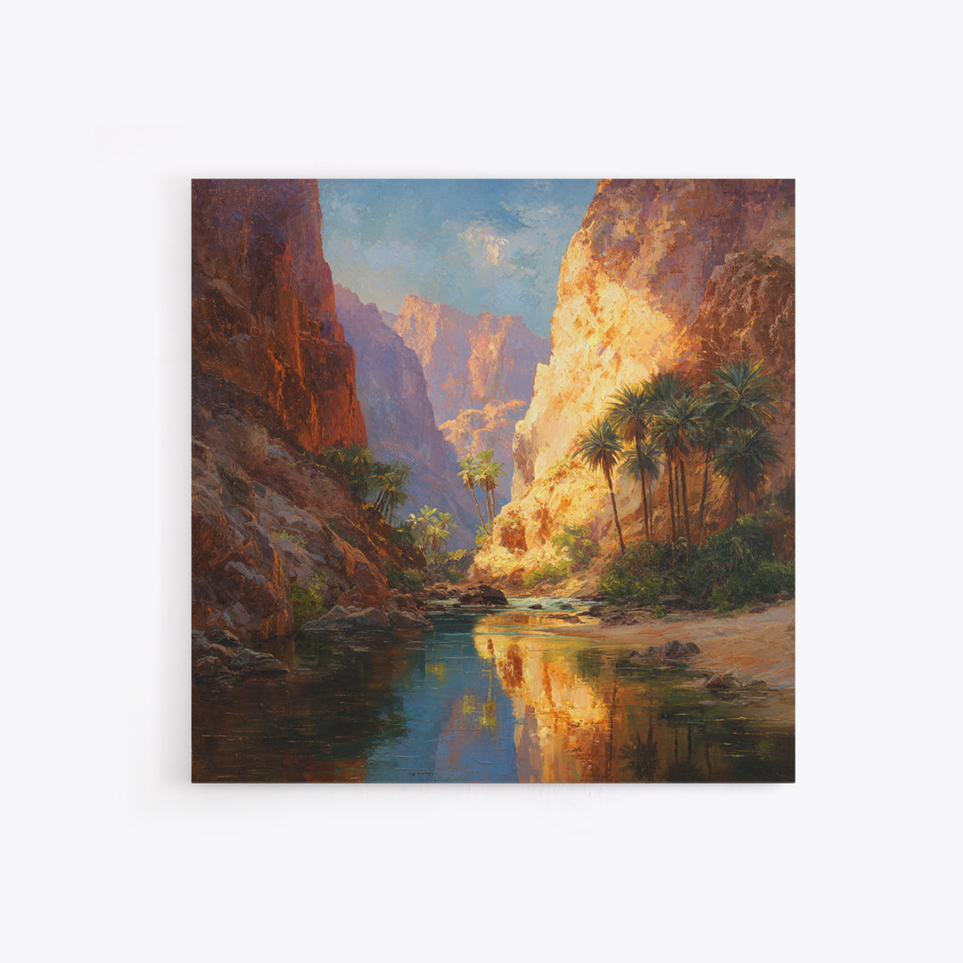 Sunlit Desert Canyon Oasis Landscape Wall Art Canvas Print, Modern Southwestern Nature Painting For Living Room Home Decor