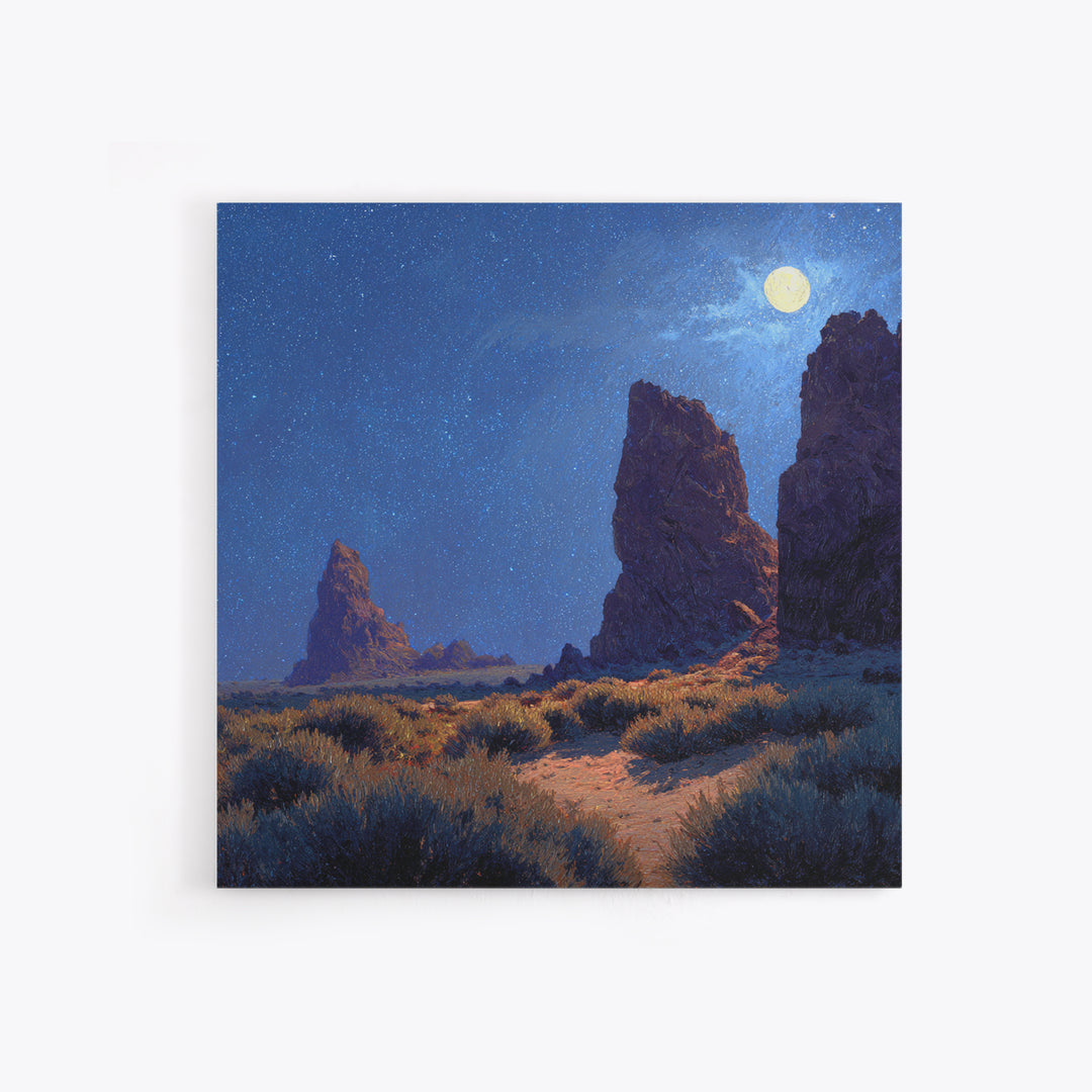 Moonlit Desert Rocks Wall Art, Night Sky Landscape Painting, Southwestern Stars Print, Calming Rustic Home Decor Canvas Print