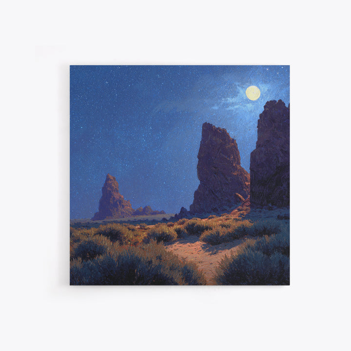 Moonlit Desert Rocks Wall Art, Night Sky Landscape Painting, Southwestern Stars Print, Calming Rustic Home Decor Canvas Print