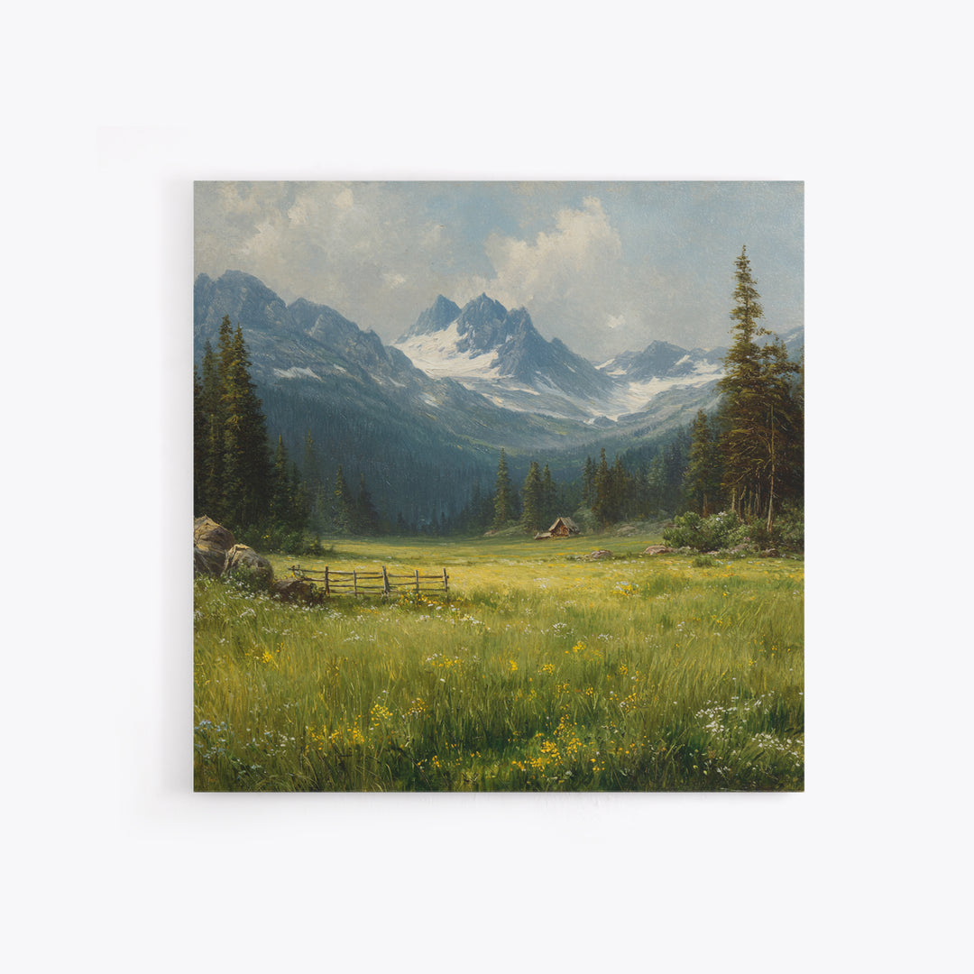 Alpine Meadow Cabin Landscape Wall Art, Mountain Valley Oil Painting Print, Rustic Country Home Decor Living Room Wall Art
