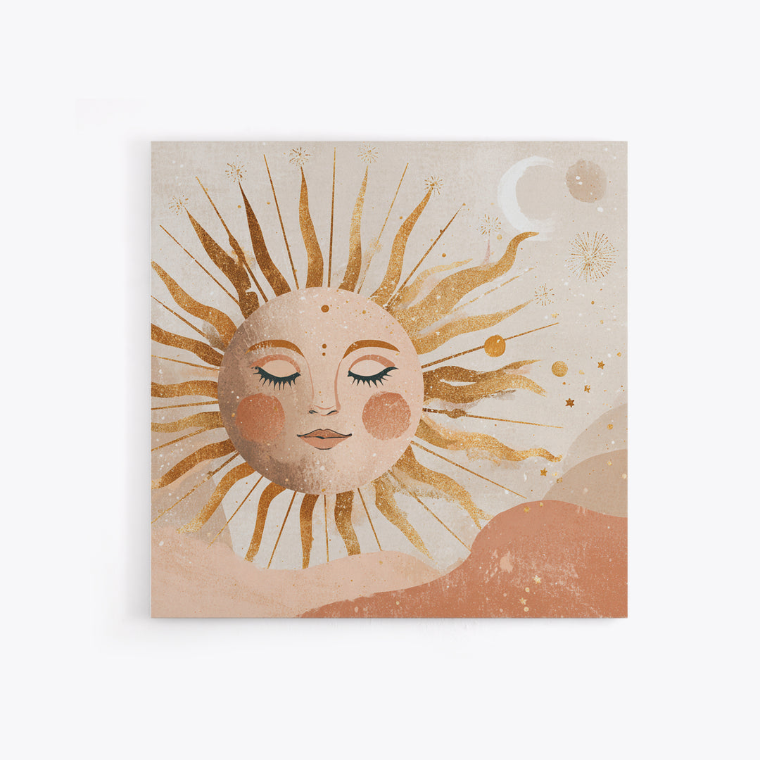 Boho Sun And Moon Wall Art, Celestial Gold Face Print, Whimsical Nursery Decor, Spiritual Bedroom Canvas Gift For Her Home Decor