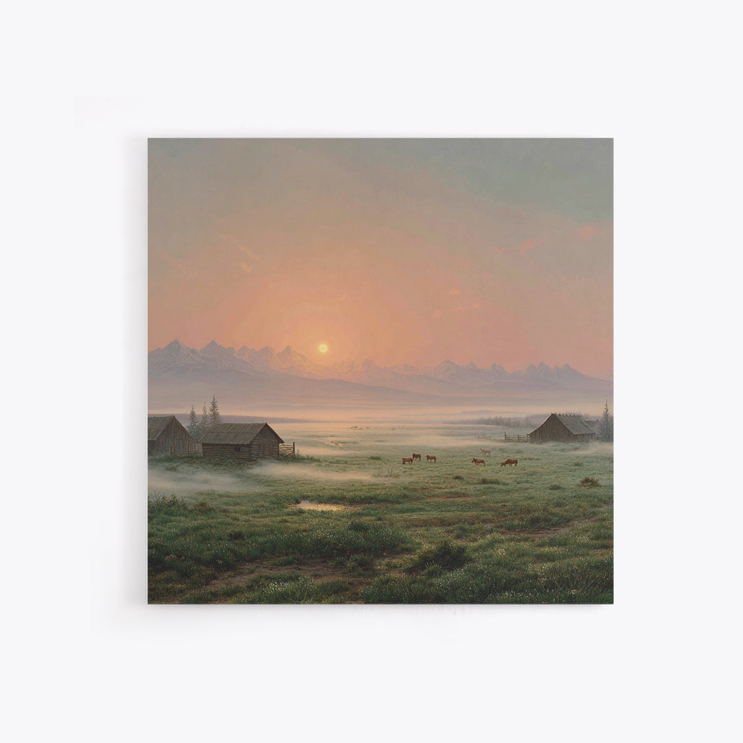 Misty Sunrise Farm Landscape Wall Art, Rustic Country Barn Pasture Print, Farmhouse Wall Decor Living Room Wall Art