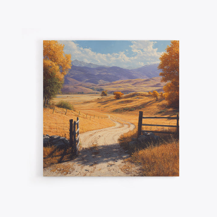 Golden Country Road Autumn Landscape Wall Art, Rustic Farmhouse Canvas Print For Cozy Living Room Decor