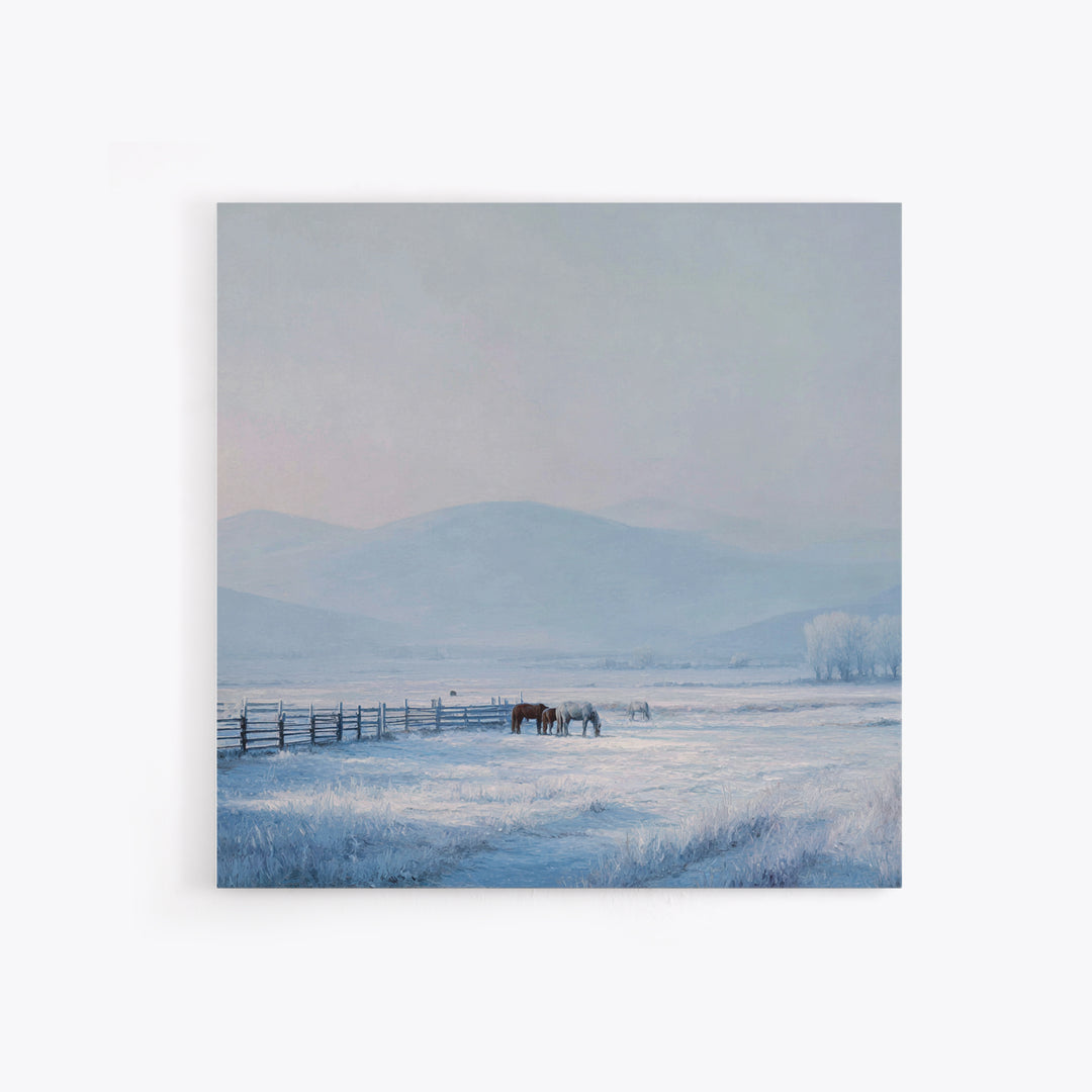 Idyllic Winter Landscape With Horses And Mountains Peaceful Snow Scene Wall Art Framed Canvas Print For Cozy Home Decor
