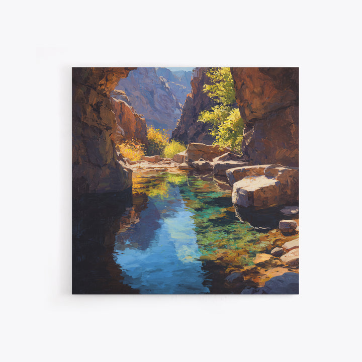 Sunlit Canyon Creek Landscape Oil Painting Wall Art, Nature Mountain Stream Canvas Print, Rustic Cabin Decor Modern Landscape