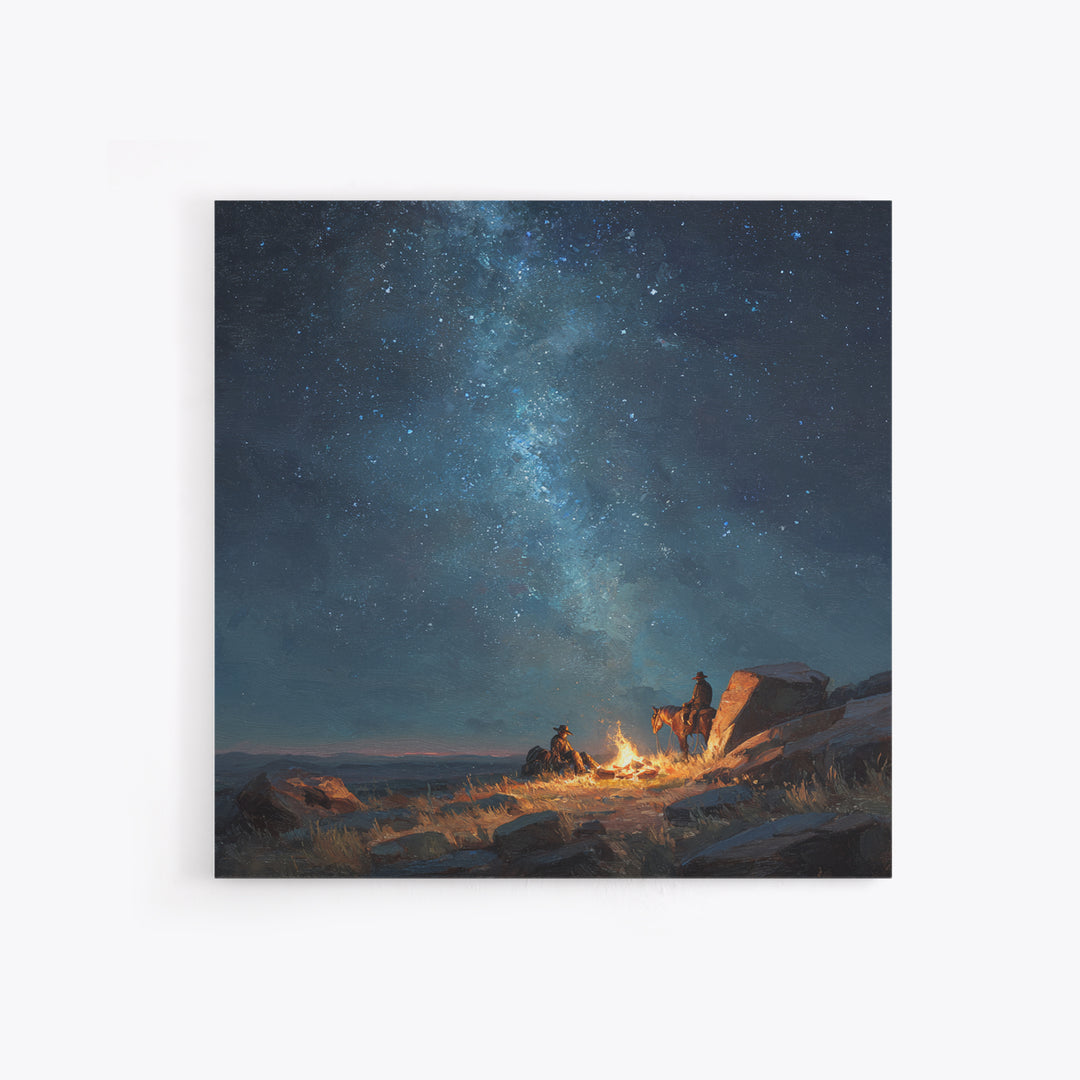 Cowboys By Campfire Under Milky Way Night Sky Wall Art Print, Western Landscape Painting, Rustic Country Home Decor Art