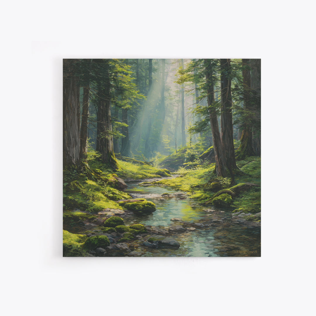 Sunlit Forest Creek Landscape Wall Art Nature Painting Canvas Print Rustic Home Decor Cabin Living Room Wall Art